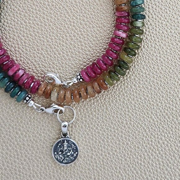 MINI MULTI-COLOR JADE NECKLACE W/ 925 SILVER MINI GANESH--16.75" - Picture 3 of 3
